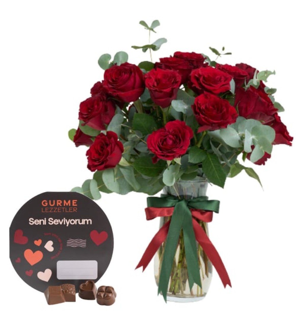  Cam Vazoda Kırmızı Güller & Seni Seviyorum Mesajlı Gurme Lezzetler