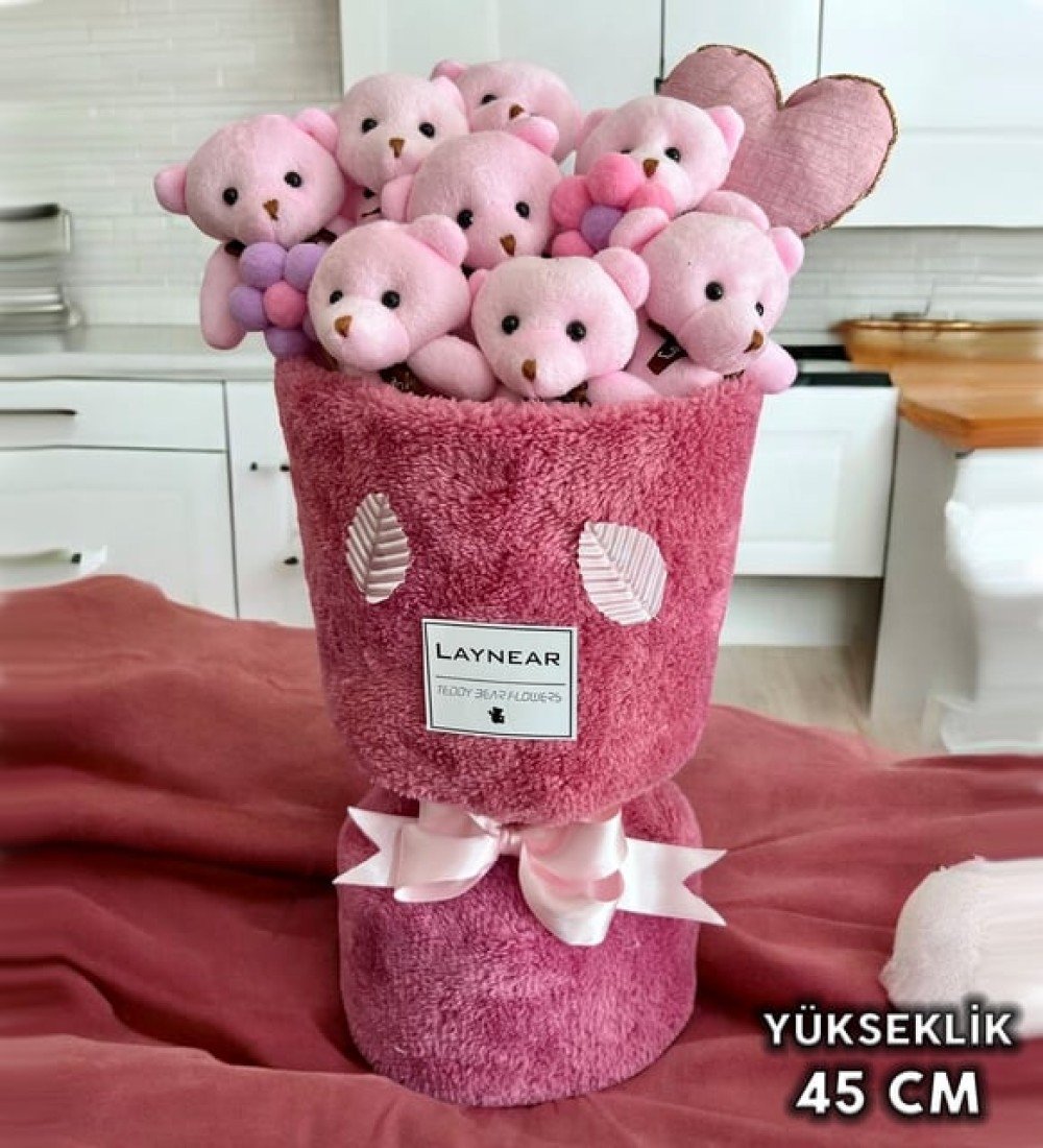 Premium Pembe Peluş Ayıcık Kalp Yastıklı Peluş Vazo Tasarımlı Buket