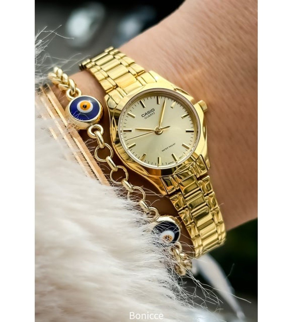 Casio Çelik Kordon, Altın Renk, Kadın Kol Saati+Nazar Boncuklu Bileklik