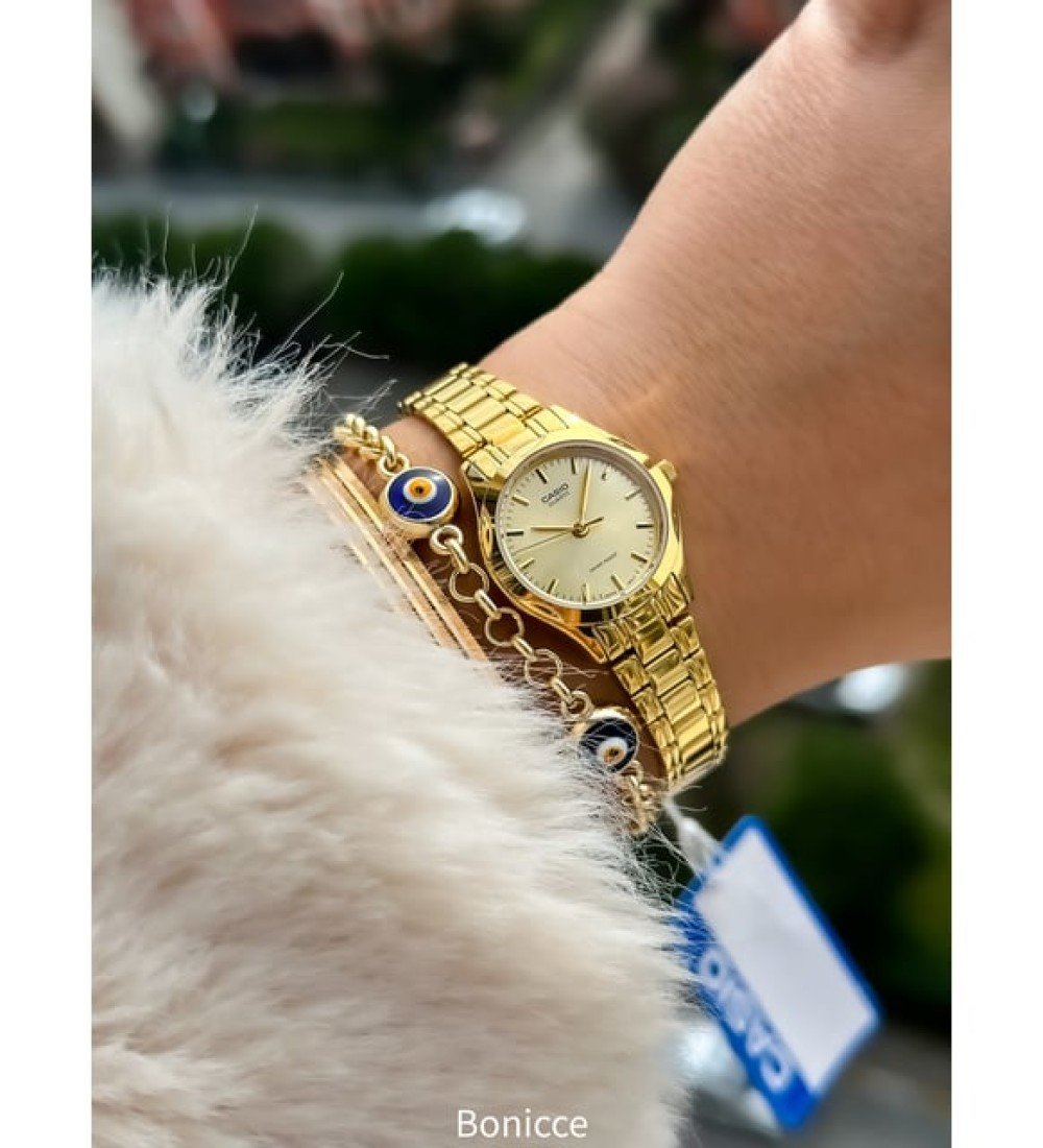 Casio Çelik Kordon, Altın Renk, Kadın Kol Saati+Nazar Boncuklu Bileklik