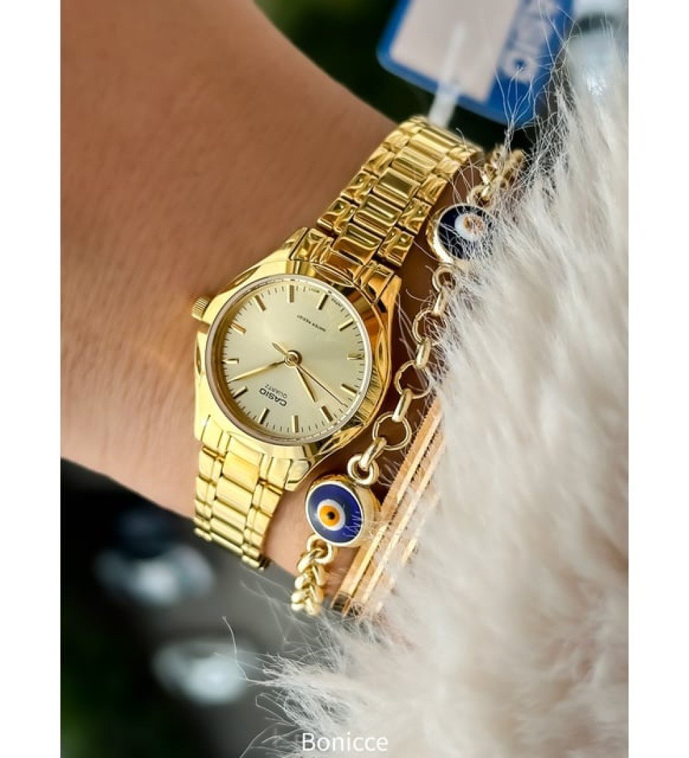 Casio Çelik Kordon, Altın Renk, Kadın Kol Saati+Nazar Boncuklu Bileklik