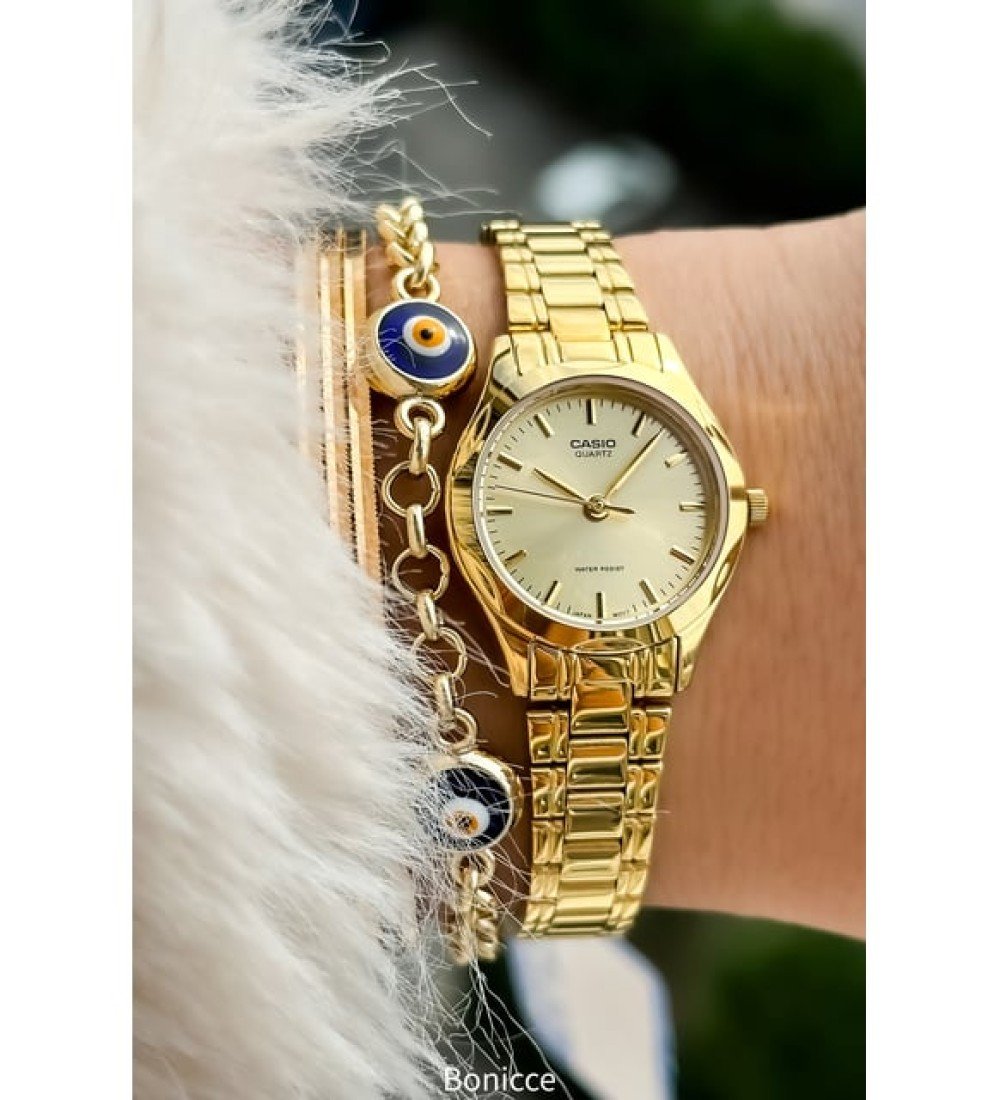 Casio Çelik Kordon, Altın Renk, Kadın Kol Saati+Nazar Boncuklu Bileklik