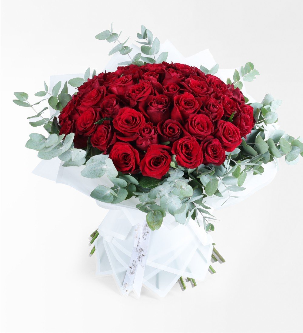 100 Adet Kırmızı Gül Ve Okaliptus İsteme / Söz / Nişan Buketi