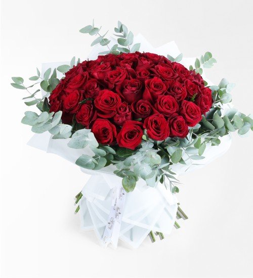 100 Adet Kırmızı Gül Ve Okaliptus İsteme / Söz / Nişan Buketi