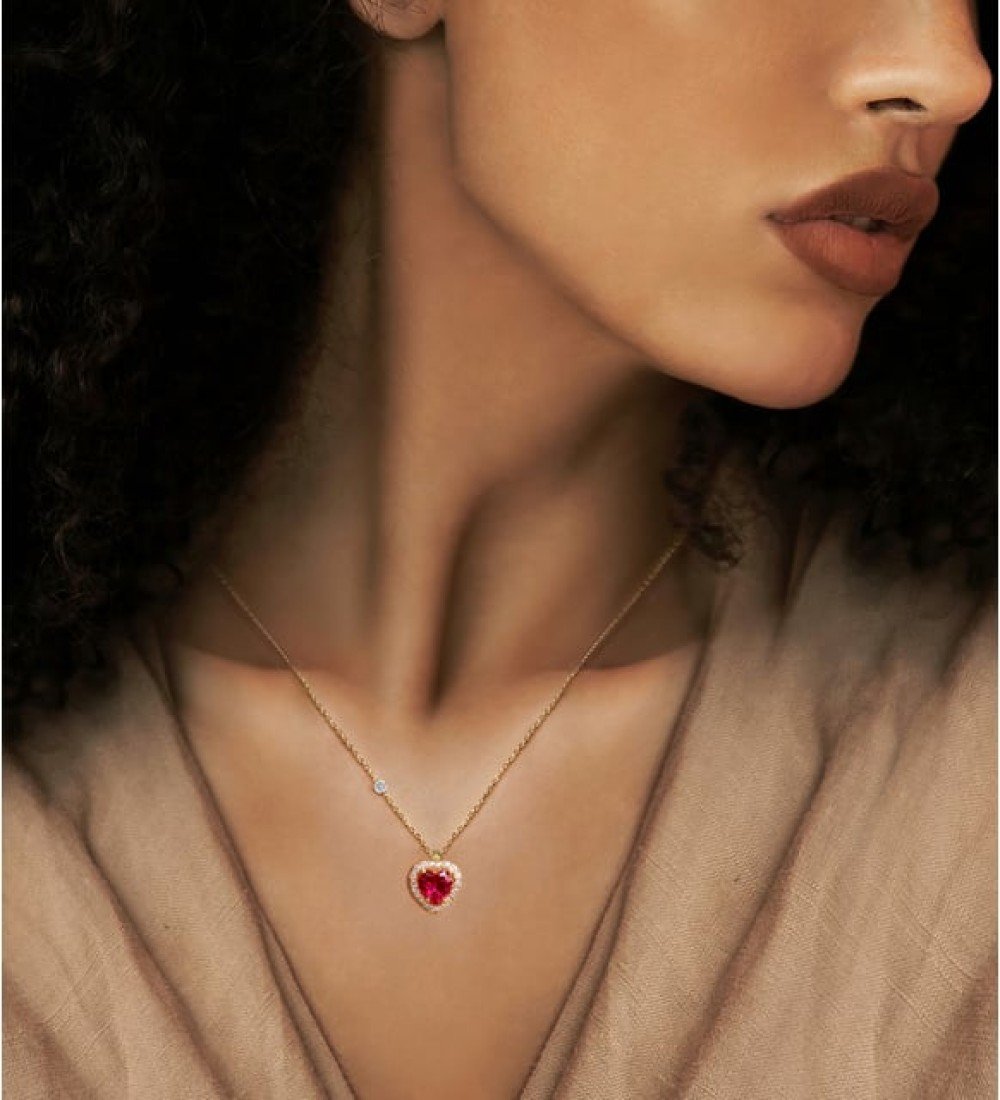 Demas Gold Kadın 14 Ayar Altın Pırlanta Tohumlu Cherry Topaz Rengi Kalp Kolye