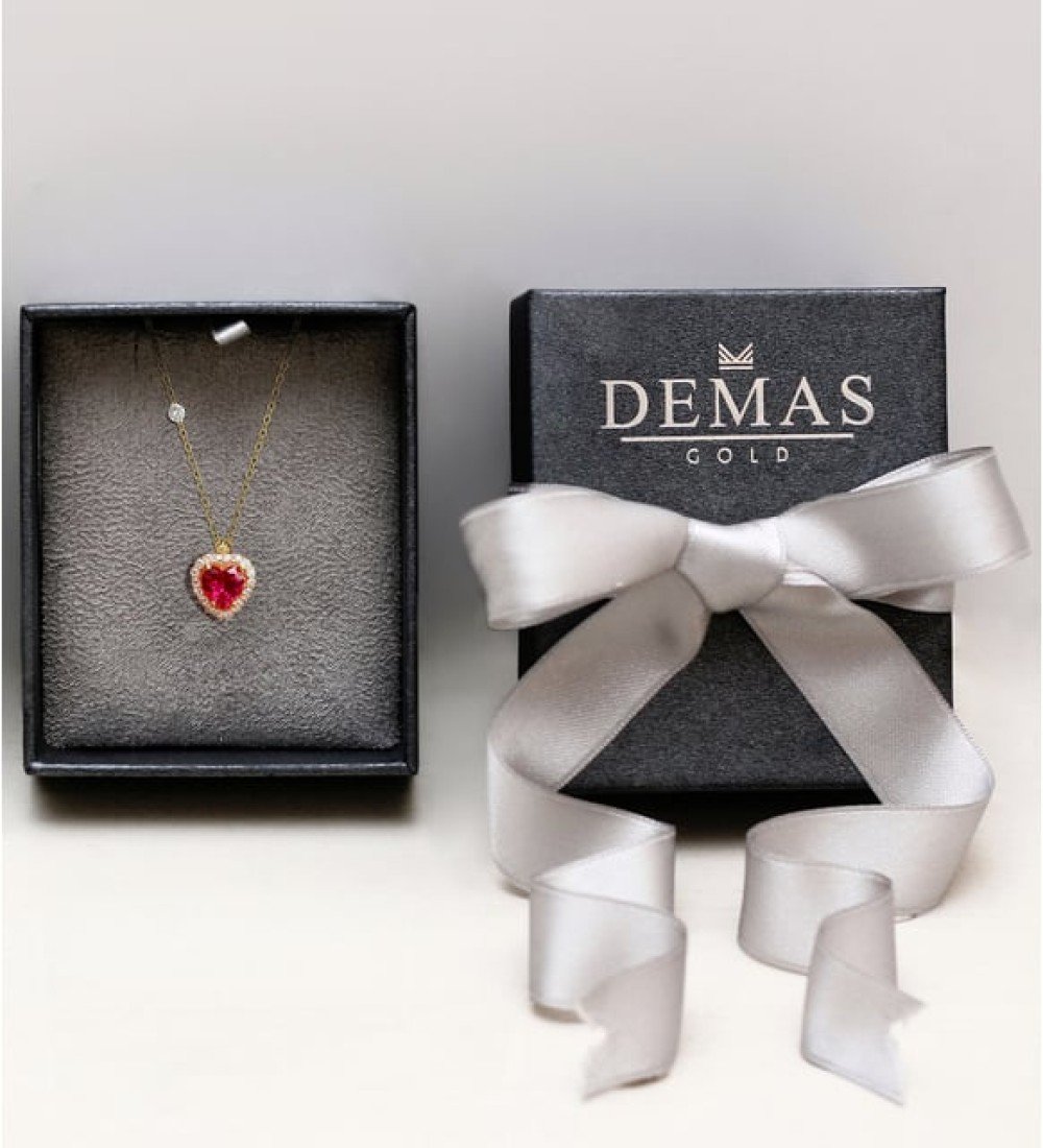 Demas Gold Kadın 14 Ayar Altın Pırlanta Tohumlu Cherry Topaz Rengi Kalp Kolye