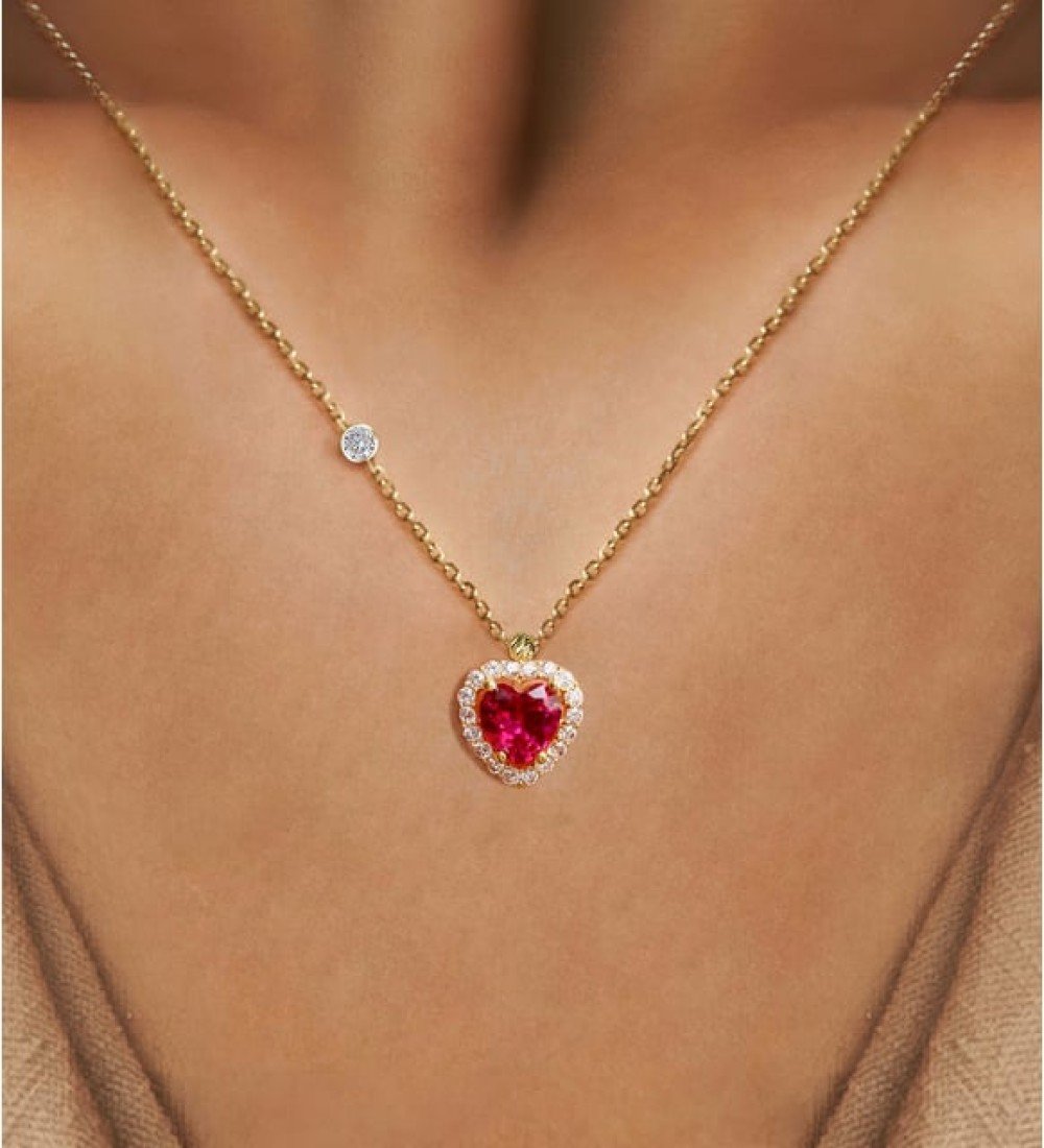 Demas Gold Kadın 14 Ayar Altın Pırlanta Tohumlu Cherry Topaz Rengi Kalp Kolye