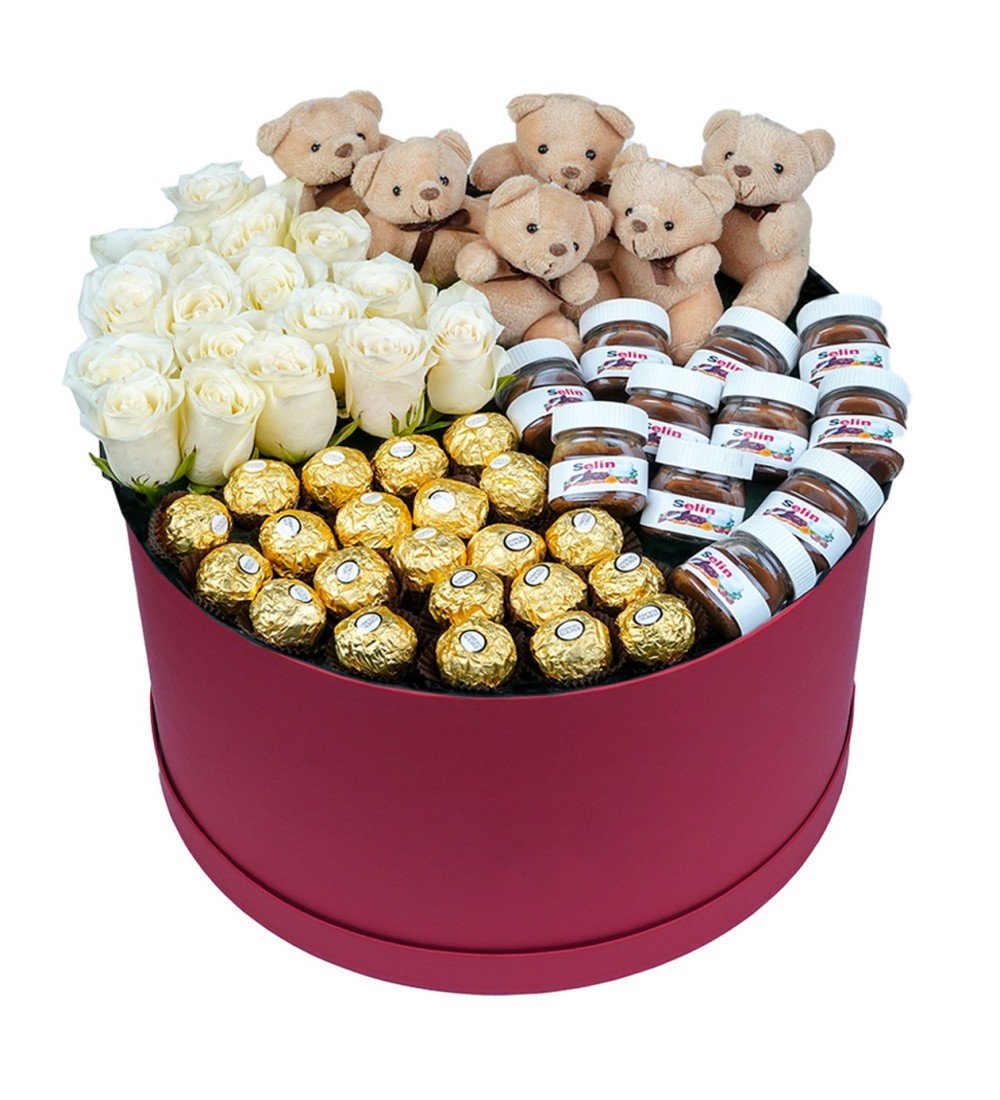 Kırmızı Mega Kutuda Beyaz Güller Çikolatalar ve Ayıcıklar