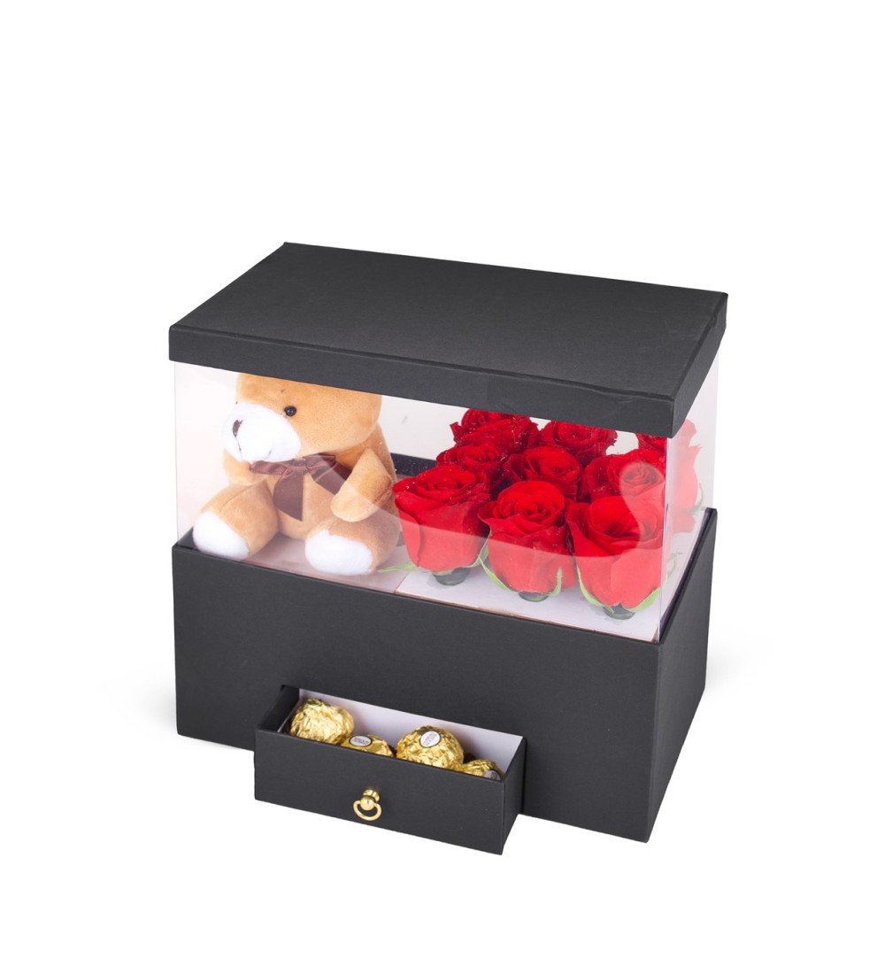 Asetatlı Çekmeceli Kutuda Ayıcıklı Çikolatalı Kırmızı Güller