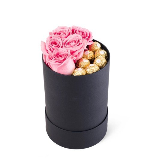 Siyah Silindir Kutuda Çikolatalı Pembe Gül